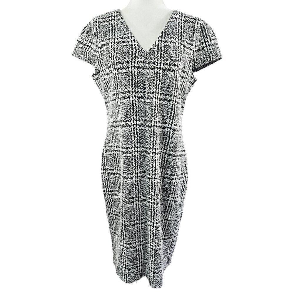 Michael Michael Kors Black White Plaid Short Sleeve V-Neck Dress Preppy Stretch
